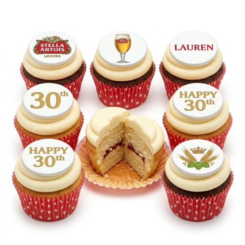 Beer-themed birthday cupcakes with Stella Artois logos, beer glass, hops, wheat, and custom age toppers.