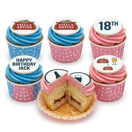 Six cupcakes with blue and pink frosting, Stella Artois logo toppers, custom age, and personalised name.