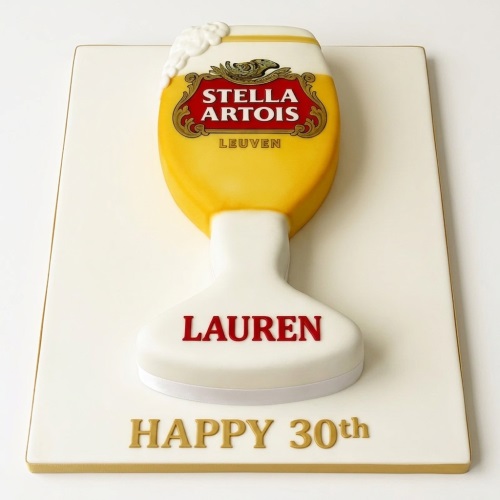 Stella Artois beer glass shaped birthday cake with custom name and age