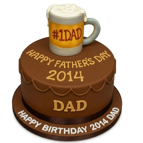 Round brown birthday cake with a beer mug topper and custom message for Dad.