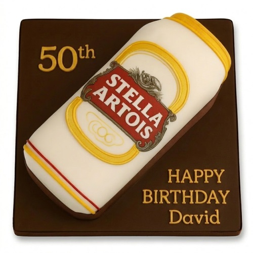 3D Stella Artois beer can shaped birthday cake on a brown board with custom age and message.