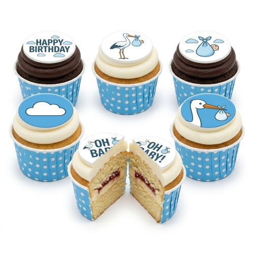 Assortment of baby boy themed cupcakes with stork, baby bundle, and "OH BABY!" toppers.