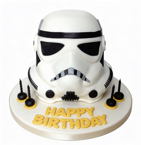 3D Star Wars Stormtrooper helmet birthday cake with 'Happy Birthday' text and black candles.