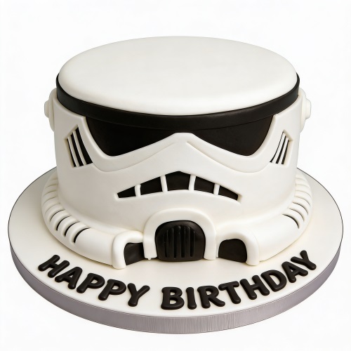 White and black Stormtrooper helmet birthday cake with 'Happy Birthday' message