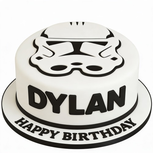 White round birthday cake with black Stormtrooper helmet and custom name.