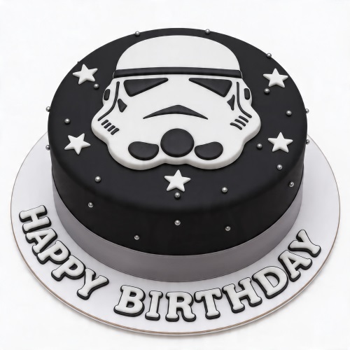 Round black fondant cake with a white Stormtrooper helmet, white stars, and silver edible pearls.