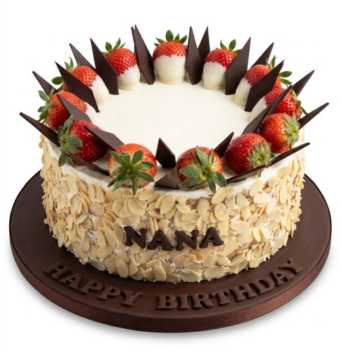 Round birthday cake with fresh strawberries, white chocolate dipped strawberries, chocolate shards, and flaked almonds.
