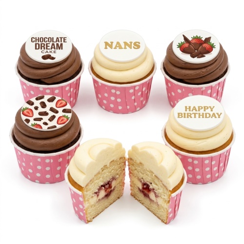Six cupcakes in pink polka dot wrappers with chocolate and vanilla frosting, topped with strawberry and chocolate designs, and 'Happy Birthday' or custom message toppers.