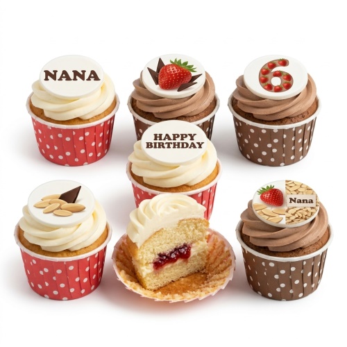 Assortment of birthday cupcakes with vanilla and chocolate frosting, topped with strawberries, almonds, and personalised messages like 'NANA', 'HAPPY BIRTHDAY', and a number '6'.