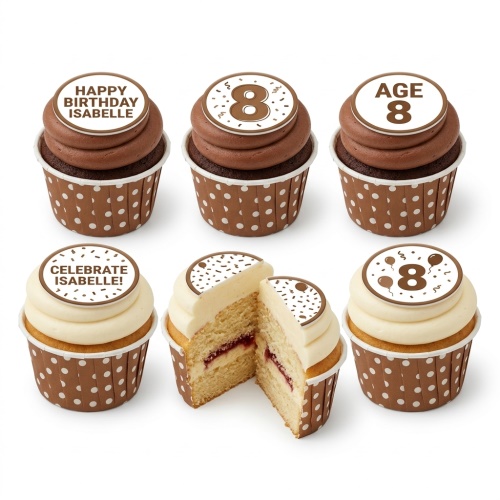 Assortment of personalised birthday cupcakes with custom age toppers and messages.