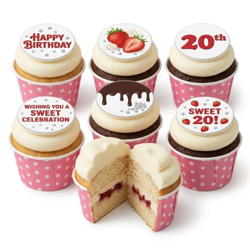 Birthday cupcakes with white frosting, custom age, strawberry, and chocolate drizzle toppers in pink cases.