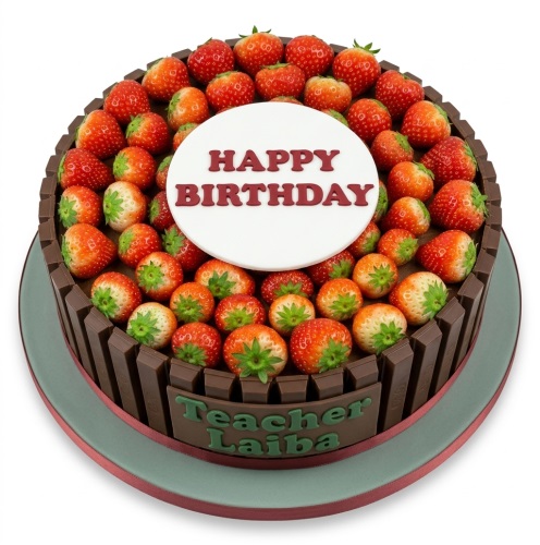 Round chocolate cake with fresh strawberries, KitKat bars, and a "Happy Birthday" message.