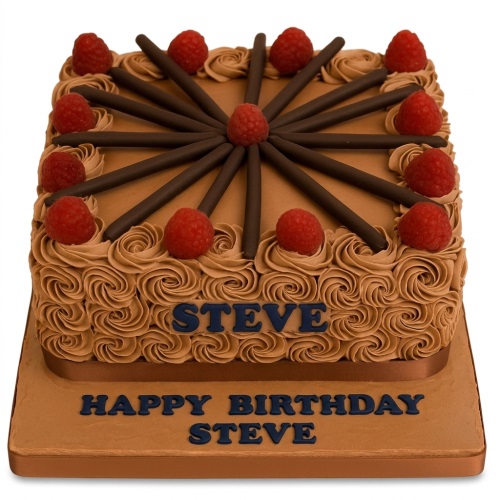 Square birthday cake with brown frosting swirls, chocolate sticks, and fresh raspberries, with a personalised name.