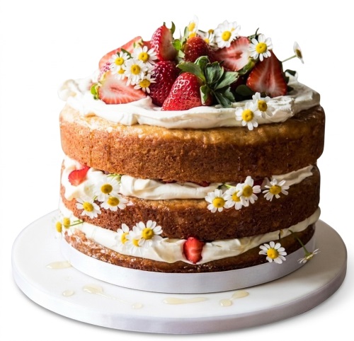 Two-tiered naked cake with fresh strawberries, white cream, and small white daisy flowers.