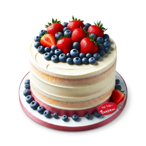 Round semi-naked cake topped with fresh strawberries and blueberries, with blueberries around the base.
