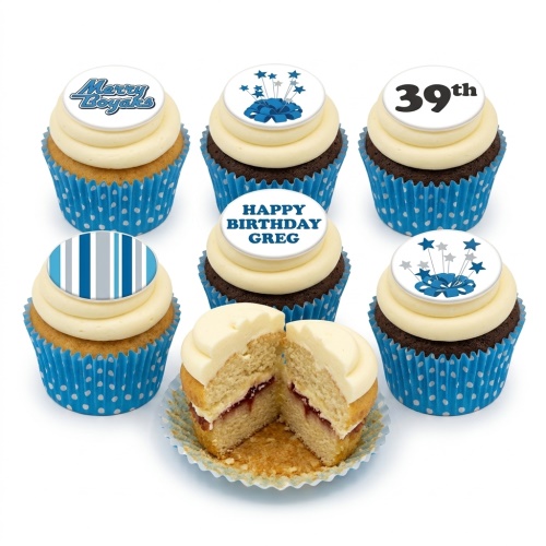 Set of blue and white birthday cupcakes with stars, stripes, custom age topper, and personalised message.