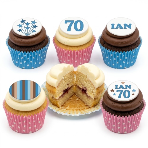 Assortment of birthday cupcakes with custom age and name toppers, starbursts, and striped designs.