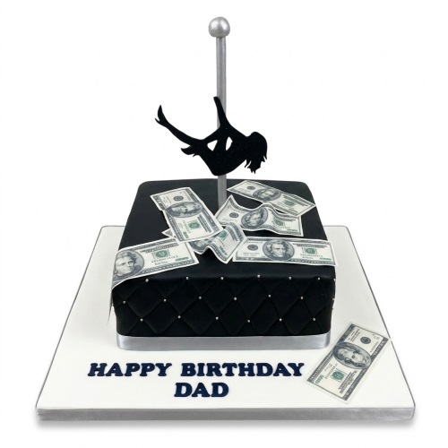 Black square birthday cake with edible money notes and a pole dancer topper.