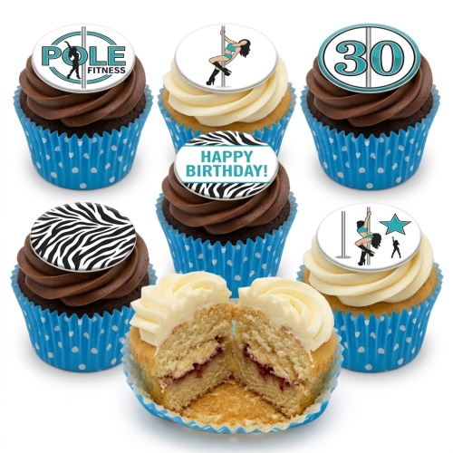 Assortment of pole fitness themed birthday cupcakes with chocolate and vanilla frosting, zebra print, and custom age topper.