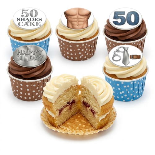 Vanilla and chocolate cupcakes with '50 Shades of Cake' and adult-themed toppers for a custom age birthday.