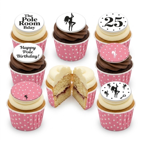 Cupcakes with pink polka dot wrappers, white and chocolate icing, topped with edible discs featuring black pole dancer silhouettes, custom age, and birthday messages.