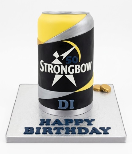 Strongbow can shaped birthday cake with custom age and name.