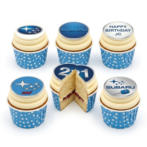 Subaru themed birthday cupcakes with various Subaru logos, a car key, and a custom age topper.