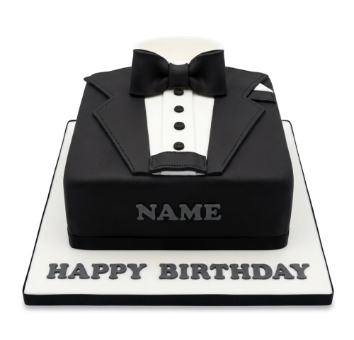Black tuxedo suit birthday cake with white shirt, black bow tie, and custom name area.