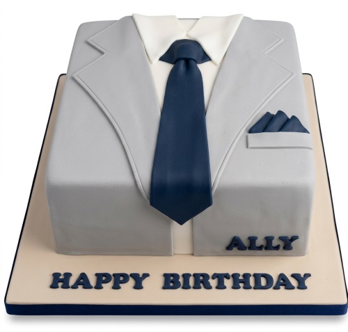 Grey suit jacket birthday cake with white shirt, blue tie, and custom message.