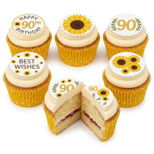 Vanilla cupcakes with yellow polka dot wrappers and white frosting, topped with edible sunflower designs and custom age '90th Birthday' messages.