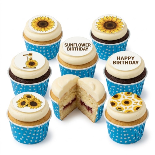 Assortment of sunflower themed birthday cupcakes with edible toppers and blue polka dot cases.