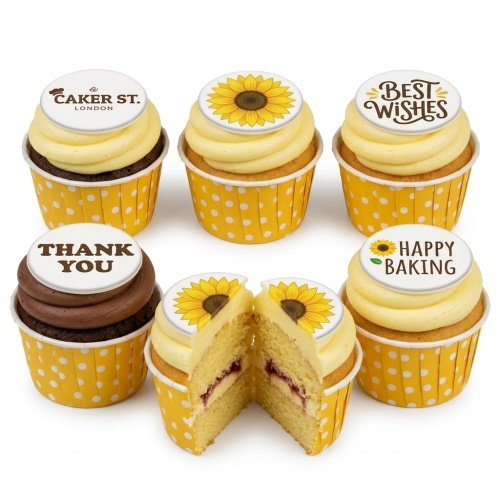 Six sunflower themed cupcakes with yellow and brown frosting, yellow polka dot cases, and various message toppers.