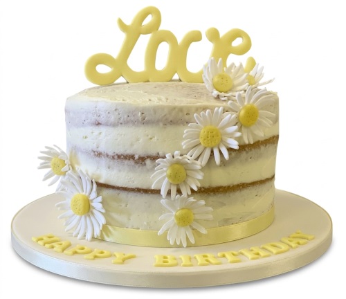 Semi-naked birthday cake with white and yellow daisy flowers, yellow ribbon, and 'Love' topper.