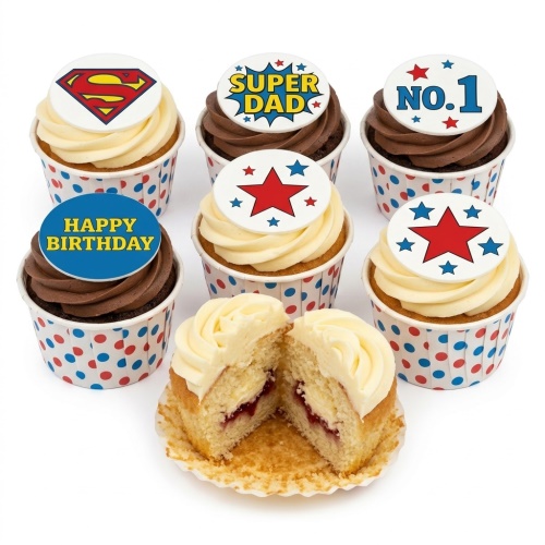 Assorted birthday cupcakes with superhero, Super Dad, No. 1, and star toppers in red and blue cases.