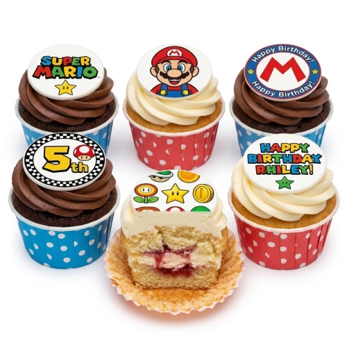Super Mario themed cupcakes with character and game item toppers, featuring chocolate and vanilla frosting.