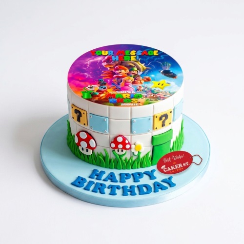 Round Super Mario Bros. Movie themed birthday cake with edible image, mushrooms, and blocks.