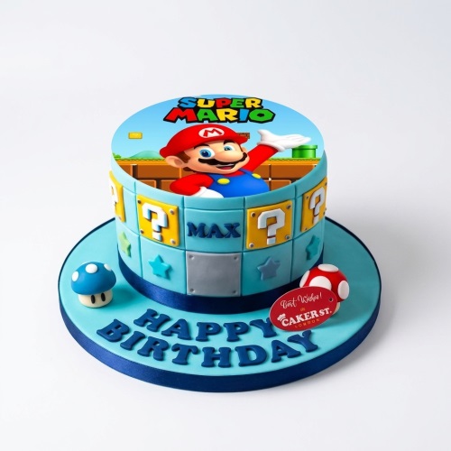 Round Super Mario themed birthday cake with edible Mario image, game blocks, and mushroom toppers