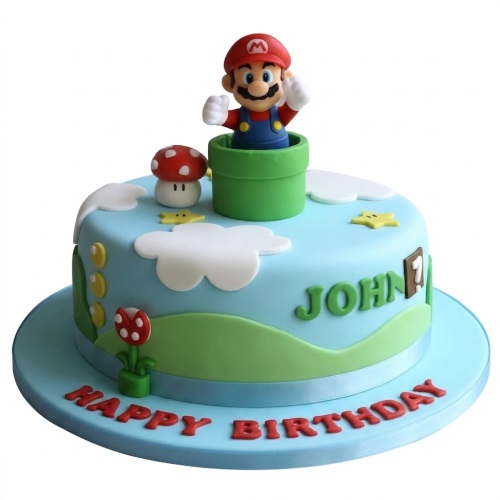 Round Super Mario themed birthday cake with Mario, mushroom, pipe, stars, and custom age topper.