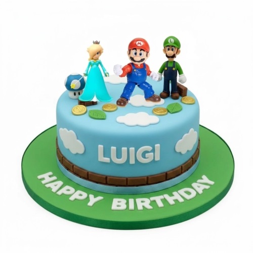 Round blue Super Mario themed birthday cake with Mario, Luigi, Rosalina figures, coins, and clouds.