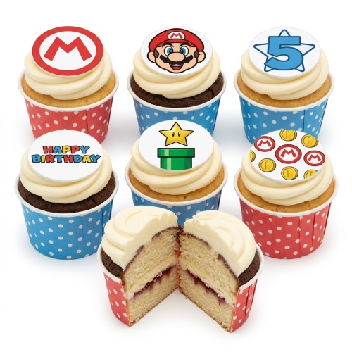 Super Mario themed birthday cupcakes with white frosting, character and power-up toppers, and custom age/message examples.