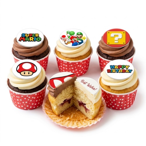 Super Mario themed cupcakes with character toppers, mushroom, question block, and "Happy Birthday" message.