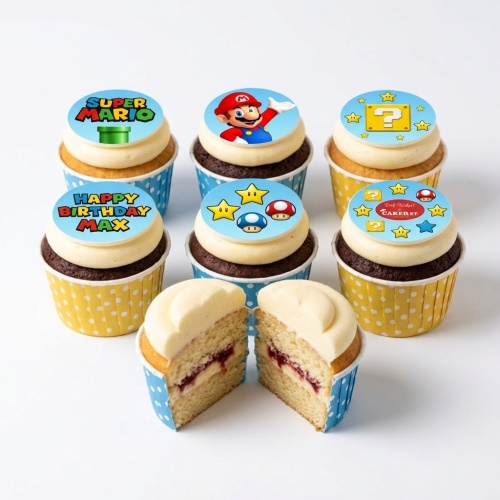 Super Mario themed cupcakes with Mario, question blocks, stars, mushrooms, and a custom birthday message