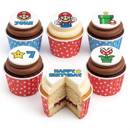 Six Super Mario themed cupcakes with character and element toppers, some with custom name and age examples.