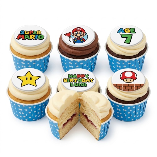 A selection of Super Mario themed cupcakes with character and game element toppers, in blue polka dot cases.