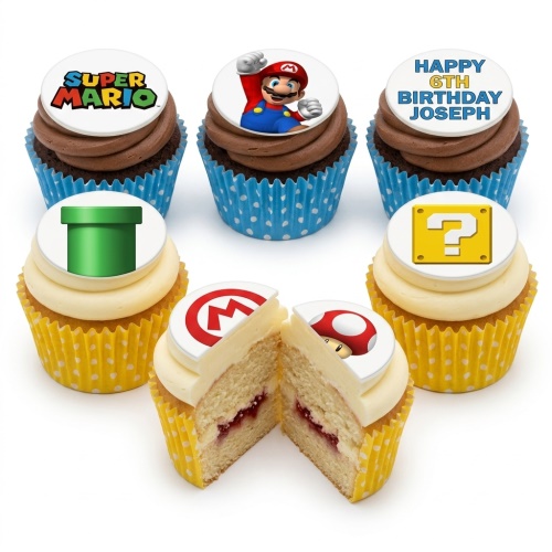 Super Mario themed cupcakes with Mario, logo, pipe, and question block toppers, some with personalised birthday message.