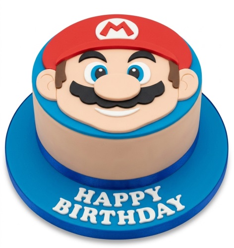 Round Super Mario birthday cake with Mario's face in red, blue, and skin tone fondant on a blue board with a 'Happy Birthday' message.