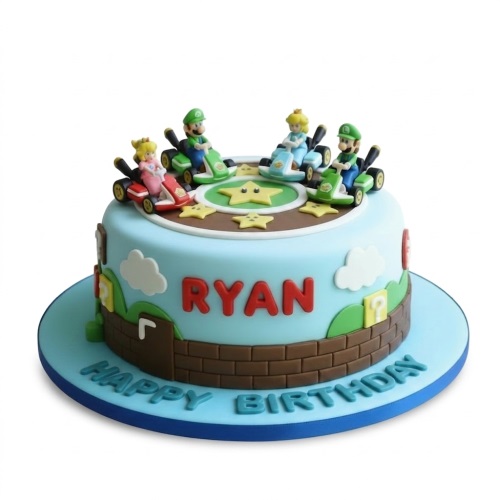 Round light blue Mario Kart themed birthday cake with Mario, Luigi, Peach figures and a custom birthday message.