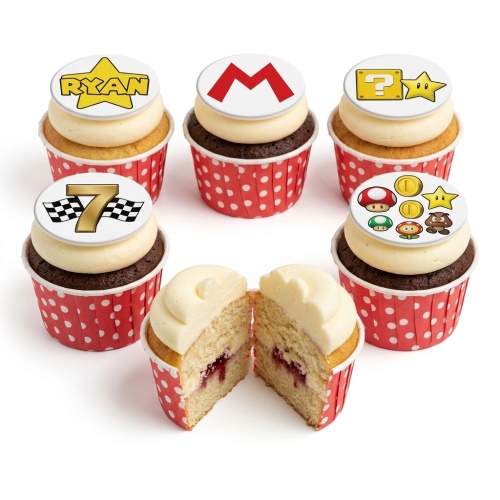 Set of Super Mario themed cupcakes with various character and icon toppers, including a custom age and name example.