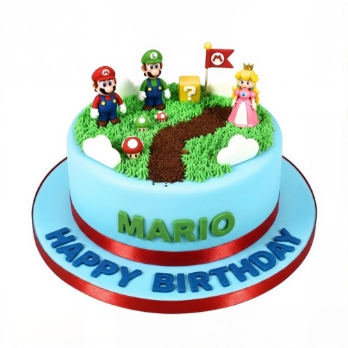 Round blue Super Mario birthday cake with Mario, Luigi, Princess Peach figures, mushrooms, question block, and "Happy Birthday" text.