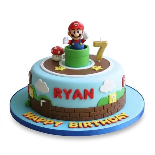 Round light blue Super Mario themed birthday cake with Mario figurine, green pipe, mushroom, stars, and custom age candle.